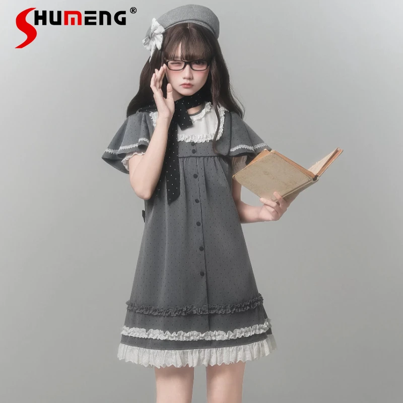 

Grey Polka Dot A Line Lolita Original Japanese Mine Series Dress Summer Short Sleeved Single Breasted Retro Sweet Daily Dresses