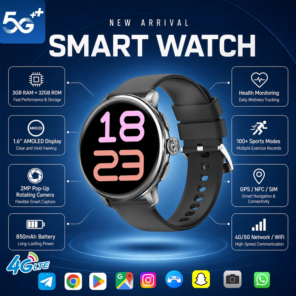 NEW 4G/5G Full Network Smart Watch 3GB RAM+32GB ROM AMOLED Screen Health Monitoring HD Camera WIFI GPS Google Play Smartwatch