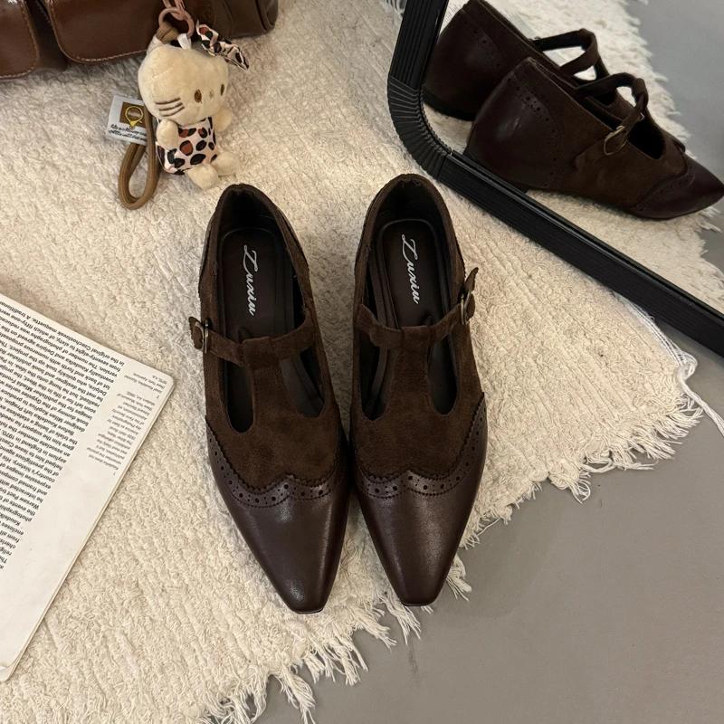 

One Buckle Strap Low Heel Single Shoes Autumn New Pointed Toe Shallow Mouth Spliced Suede Soft Sole Non-slip Low Top Shoes