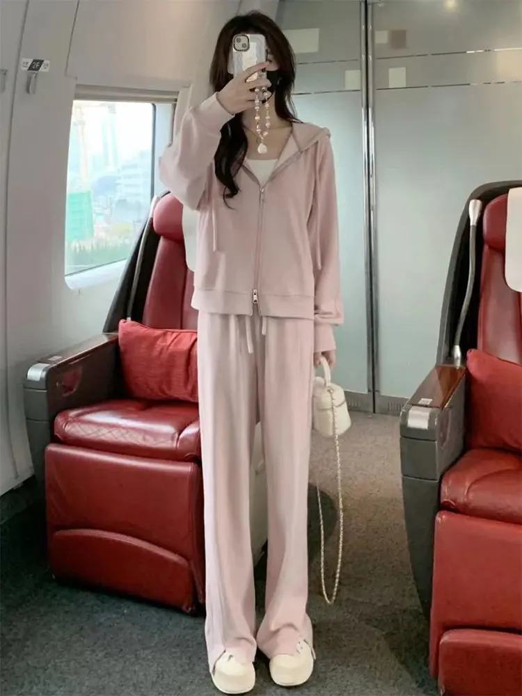 

Модный повседневный спортивный костюм для женщин: новая коллекция весна-осень, однотонная толстовка и брюки с высокой талией и широкими штанинами, комплект из двух предметов