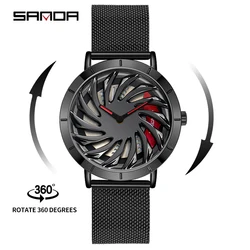 SANDA P1056 2023 New Unique Real 3D Model Spinning Car Wheel Hub Watch Luxury Luminous Move Waterproof Super Rim Watches For Men