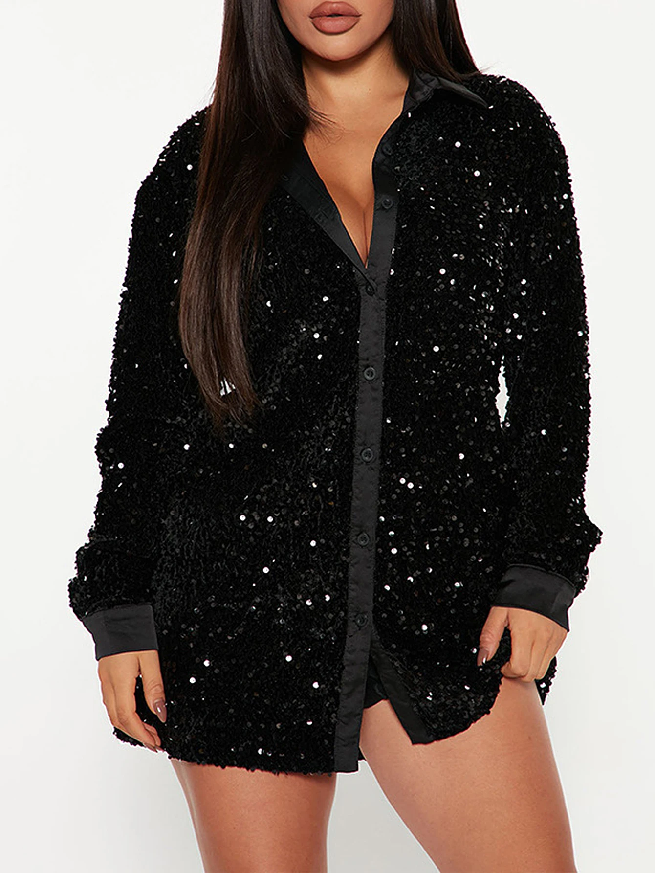 

Женский кардиган с длинным рукавом, осенне-зимняя модная однотонная однобортная рубашка на пуговицах спереди с блестками и воротником рубашки, роскошная верхняя одежда