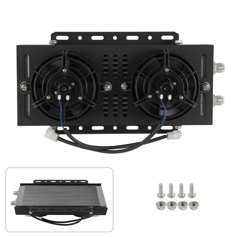 

Black/Silver Universal Single Cross/Dual Pass Flow Bar&Plate Durable Medium Oil Cooler + Bis- 2×5.5" Electric Fan Aluminum Kit