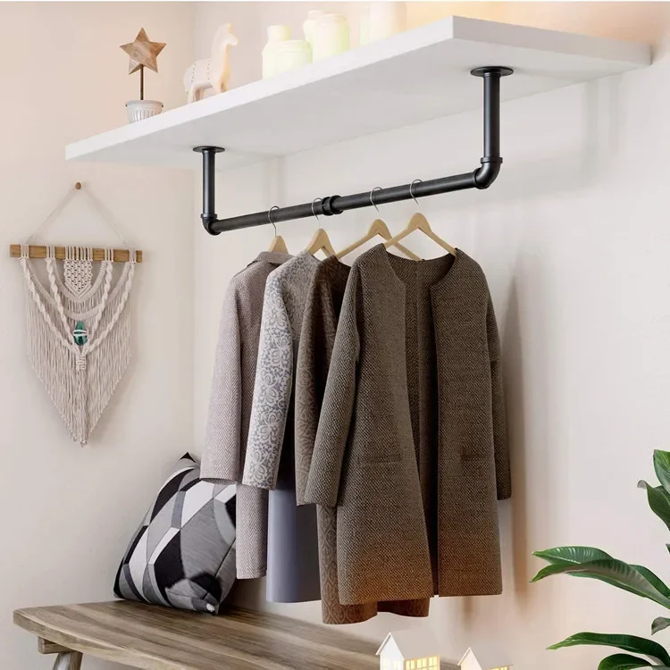 Water pipe clothes display rack Industrial heavy duty wall-mounted iron hanger Laundry clothes drying rod Clothing wallrack