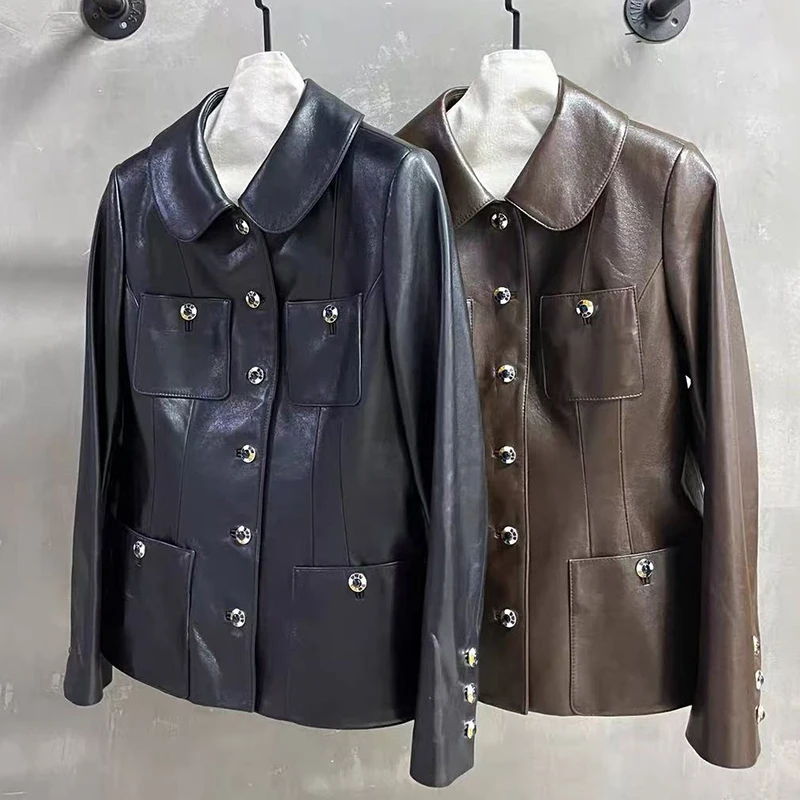 Giacca in vera pelle Donna Moda Bottoni colorati Piccola fragranza Vento Pianta Pelle di pecora curata Cappotto corto versatile nero sottile