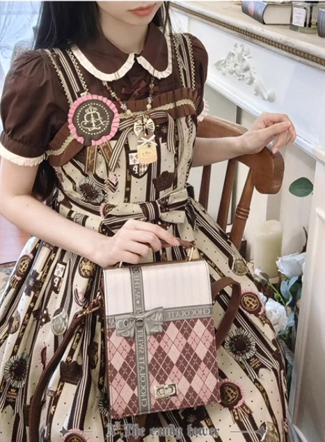 

Japanese printed rhombus plaid three-color gift box women's bag lolita uniform JK portable girl small square bags messenger bag