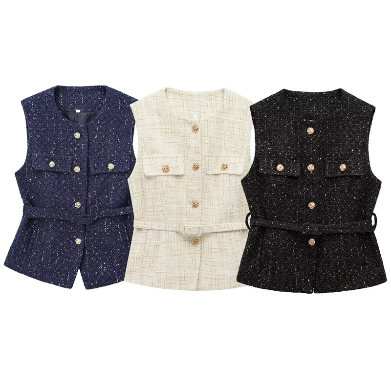 HXAO Women's Vest Summer 2025 Blue Off White Black Vest Textured Waistcoat Woman Button Sleeveless Vest Women Fashion Outerwears