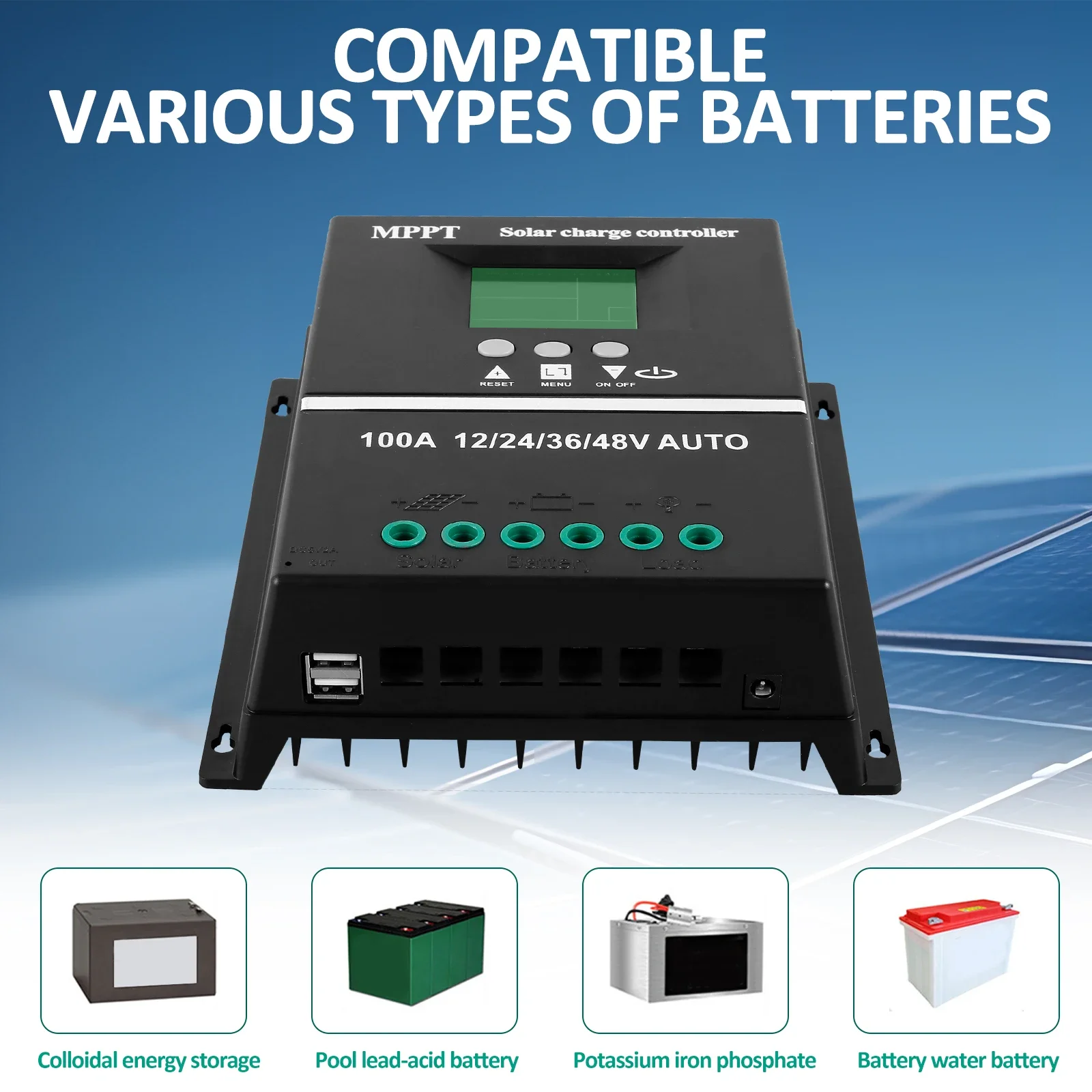 Solar Charge Controller 100A MPPT LCD Display Solar Battery Regulator 12/24/36/48V Intelligent Solar Panel Regulator with Double