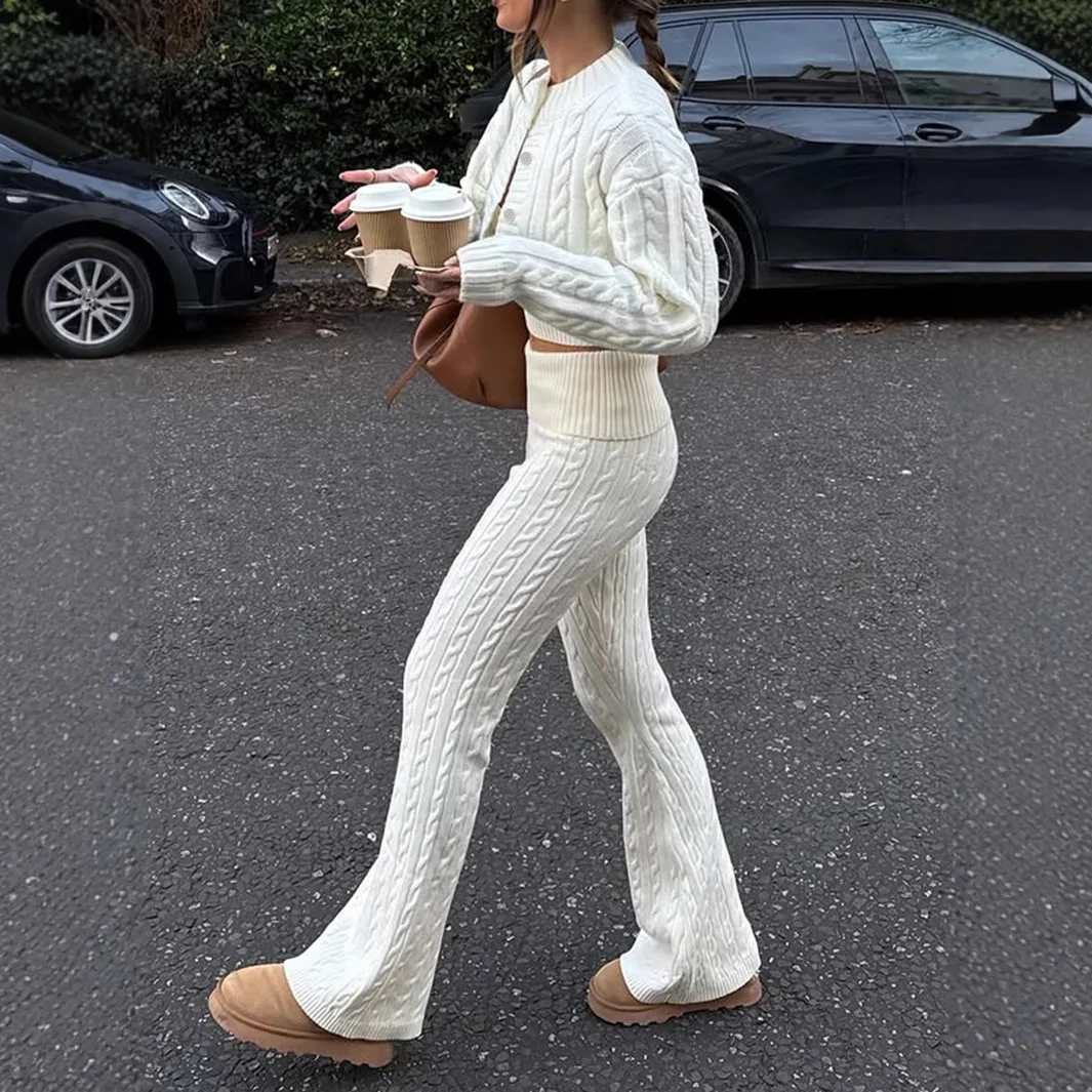 

Autumn Winter New Loose Slimming Straight Long Pants Thick Korean Dongdaemun Lazy Cable High Waist Wide Leg Knitted Pants