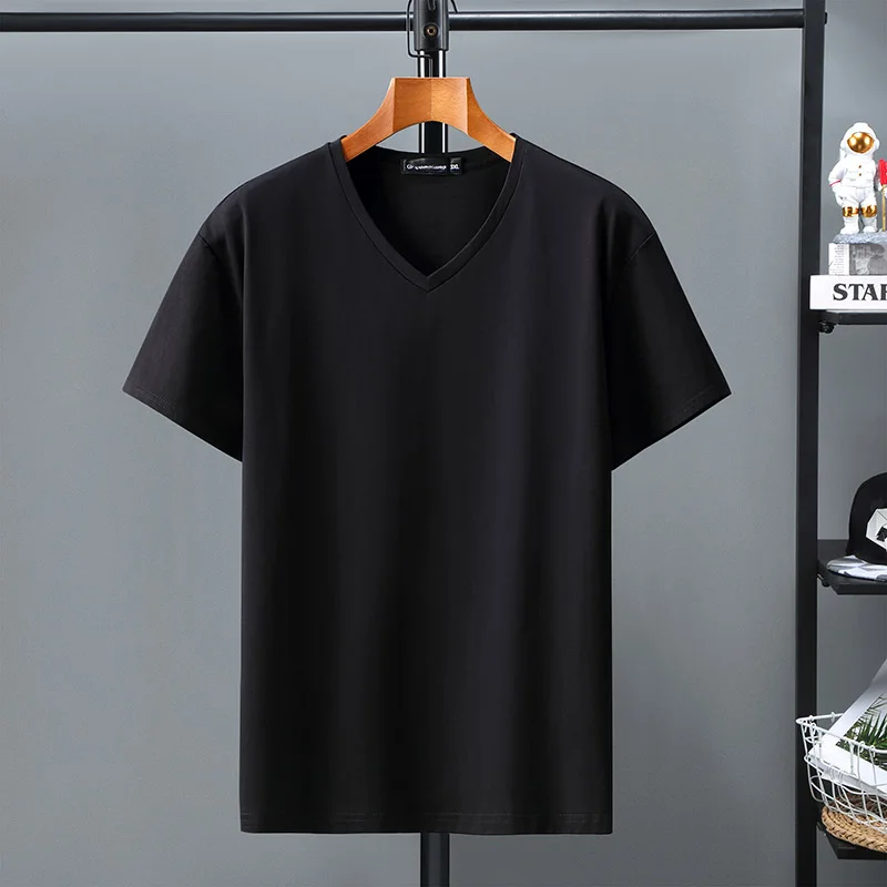 10xl 9xl youth men short-sleeved T-shirt tide V-neck plus size summer Solid Color Lycra cotton t-shirt loose 160kg