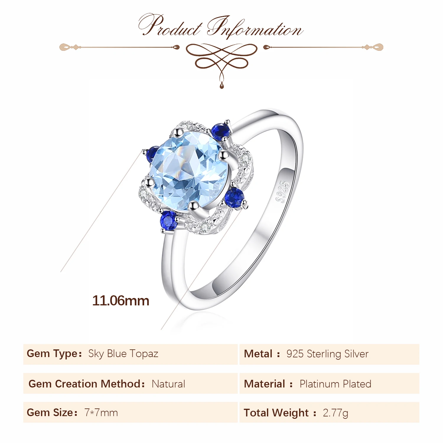 Potiy 925 sterling silver Natural Sky Blue Topa Ring for women jewellery elegant sets  retro luxury quality  valentines Gifts