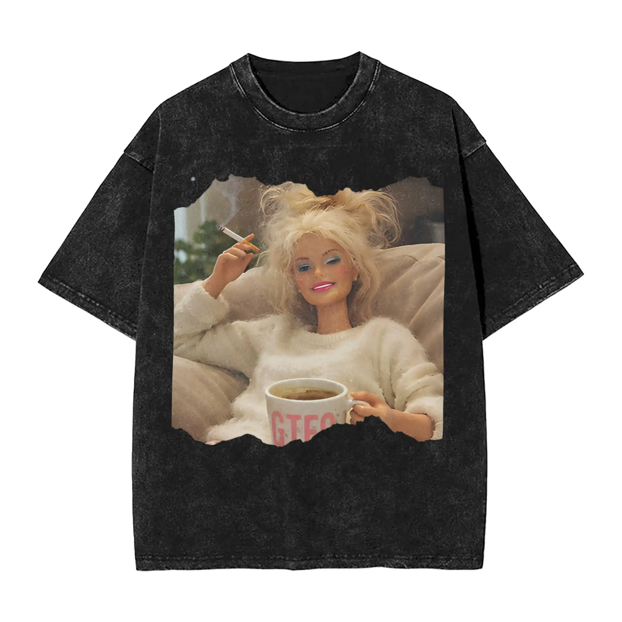 Blonde Doll Disheveled Doll Washed T Shirts Streetwear Hip Hop Vintage T-Shirt  Tee Shirt for Men Women Cotton Oversize