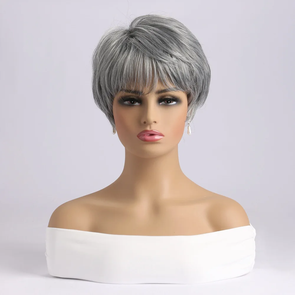 Women's Fashion Pixie Cut Short Wigs Ombre Silver Grey Hair Short Straigth  Hair Wig with Bangs Synthetic Full Wig Daily Wear