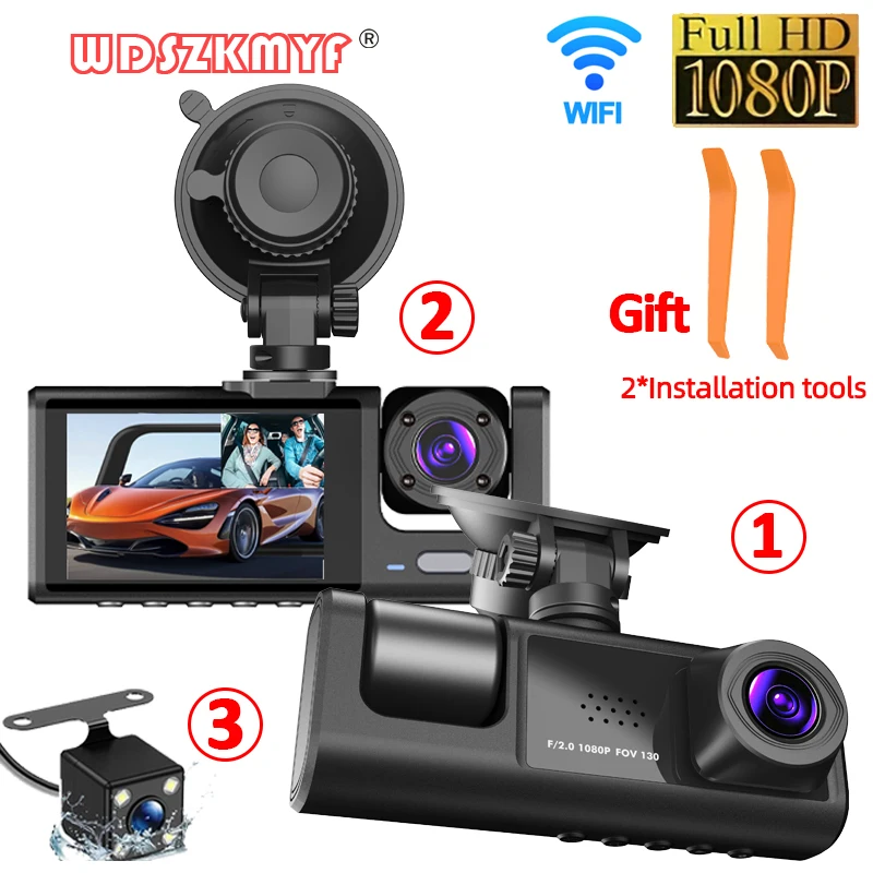 Car Dvr 3 Channel 1080P Dash Cam for Cars WIFI Video Recorder Rear View Camera for vehicle Car Assecories Black box Free Crowbar