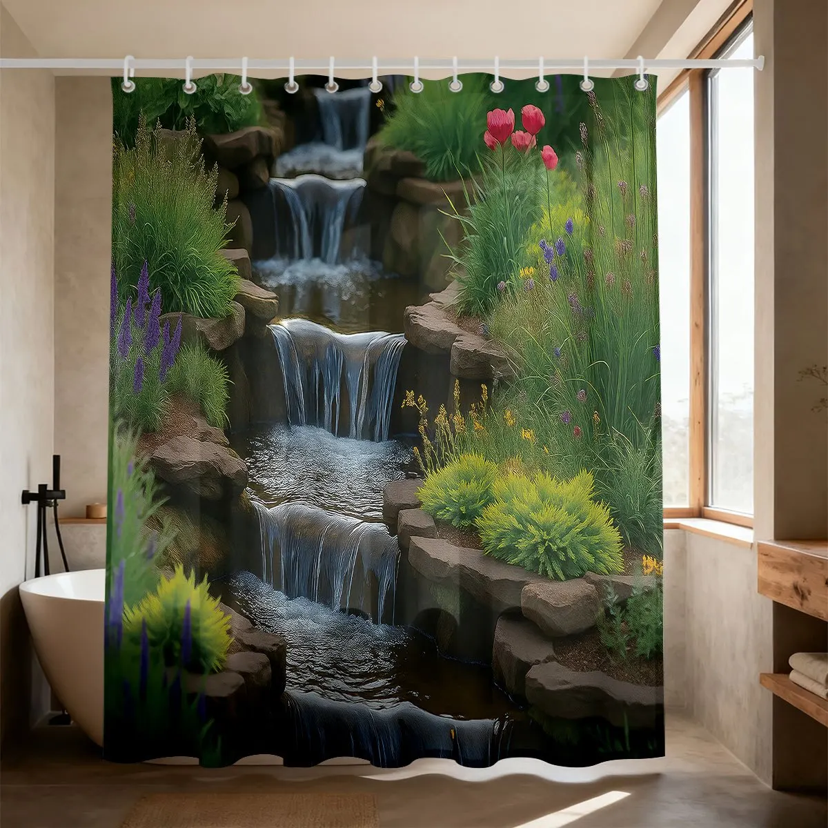Waterproof Nature Waterfall Shower Curtain Bathroom Decor Lush Green Forest Stream Scenic Print Shower Liner