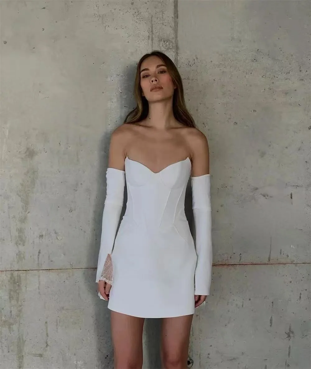 Dostosowane Vintage Satin Sweetheart Mini suknie ślubne Koronkowe odpinane rękawy Sukienki imprezowe Koronkowe suknie ślubne z tyłu