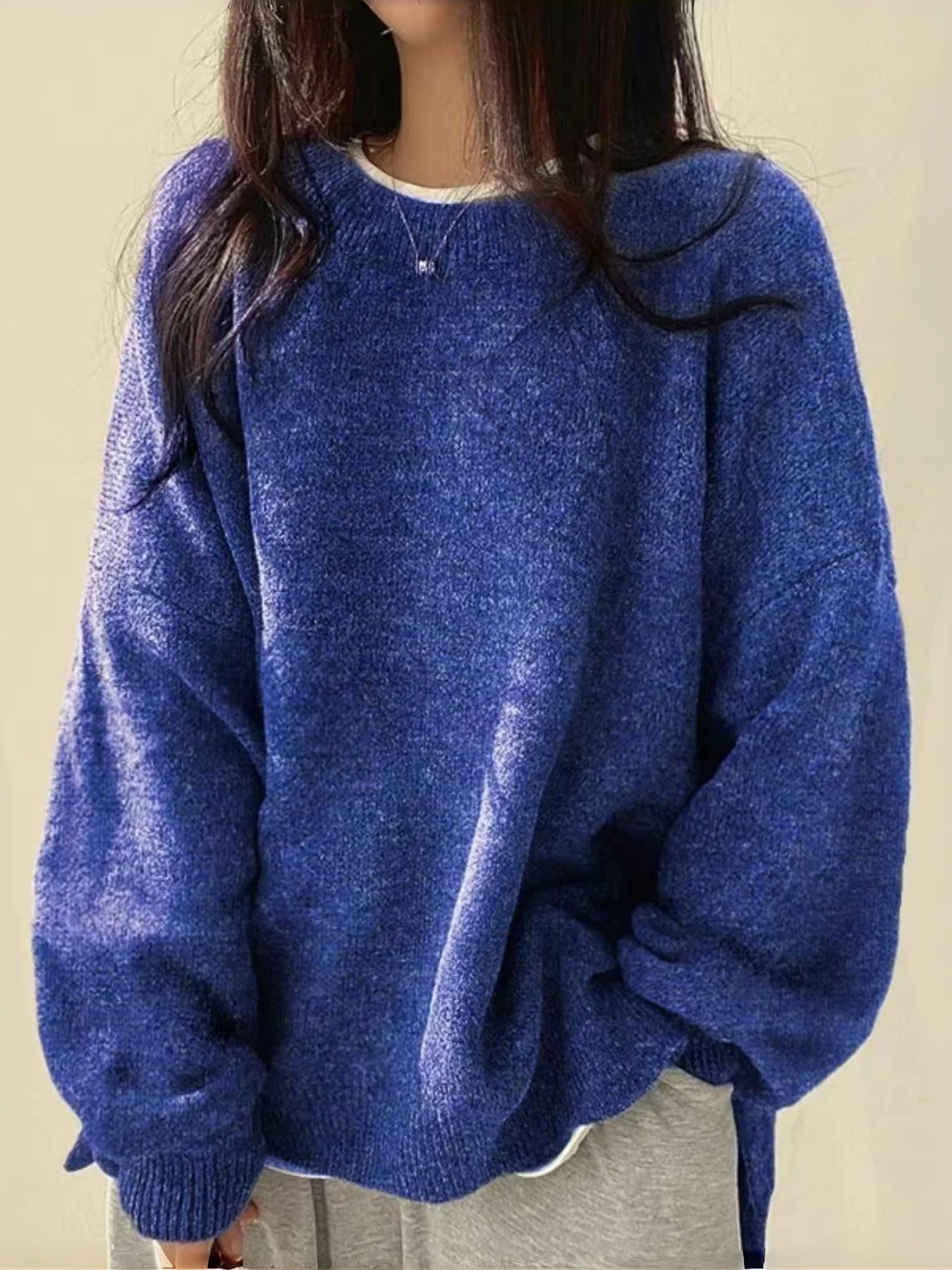 Red Knit Loose Long Sleeve Sweater Women Fashion Korean Style Slit Overhead Top Autumn All Match Casual Wear