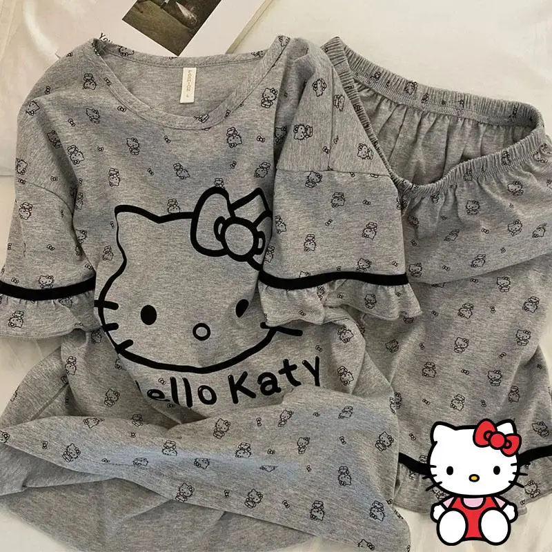 2Pcs Hello Kittys Pajamas Set Anime Women's Summer Short Sleeve Shorts Kawaii Girls Loungewear Cute Loose Thin Home Clothes Gift