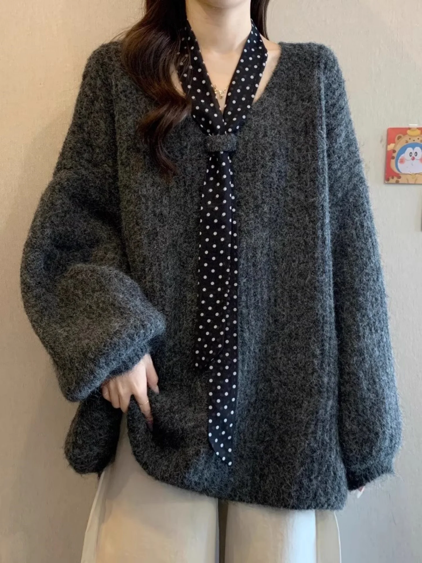 

Ele V-Ne Long Sve Knitted Sweater with Scarf Large Size Women's Mid-Length Hiding Butt Autumn Winter Faion Ladies'...
