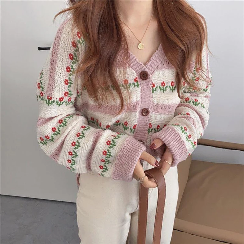 Chic Floral Kintted Sweater For Women 2024 Autumn Winter Retro Hollowed Out Long Sleeved Cardigan Coat Female Casual V-Neck Tops