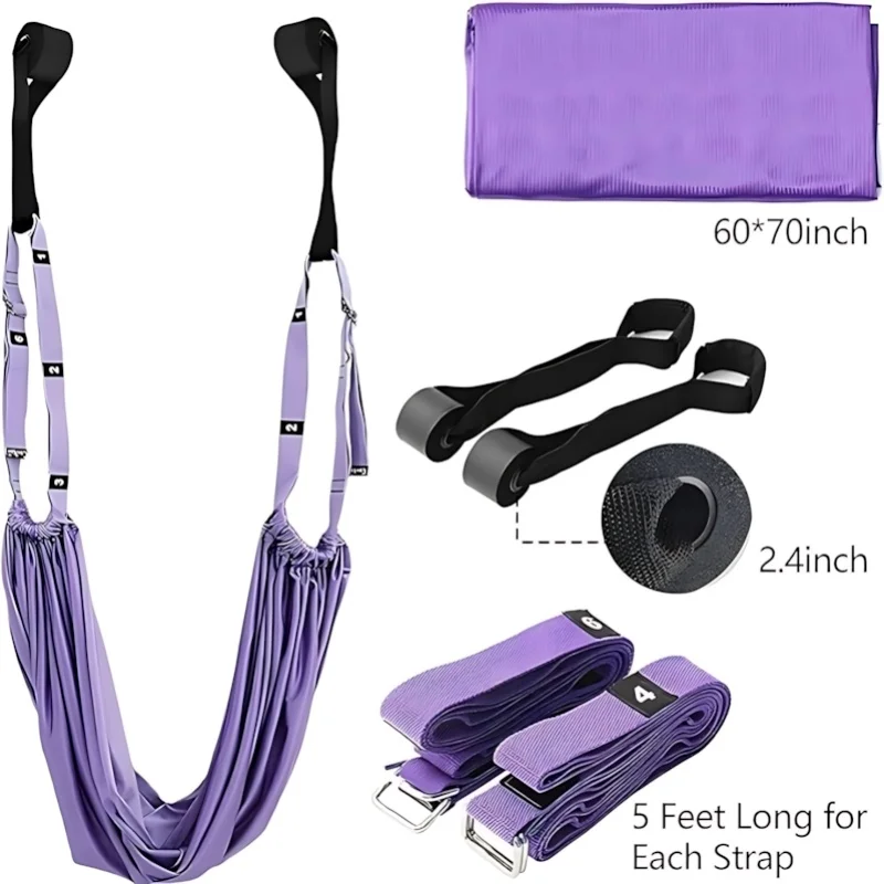 Family Purple Aerial Yoga Sling, Door-Mounted, 40mm Wide Adjustable Webbing, 59×27in