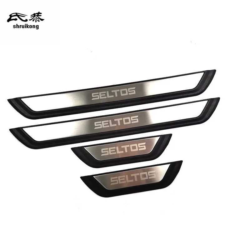 4PCS Plastic Stainless Steel Fit For 2020-2023 KIA SELTOS Auto Door Sill Pedal Welcome Scuff Plate Cover Car Accessories