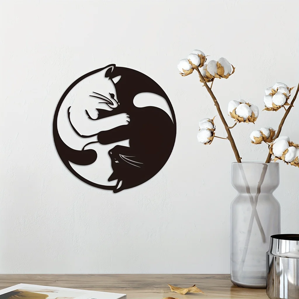 1pc, With Yin Yang Two Cats Wall Decor Metal Sign, Metal Wall Decor Statues Sculptures Home Garden Outdoor Ornaments Yard Decor