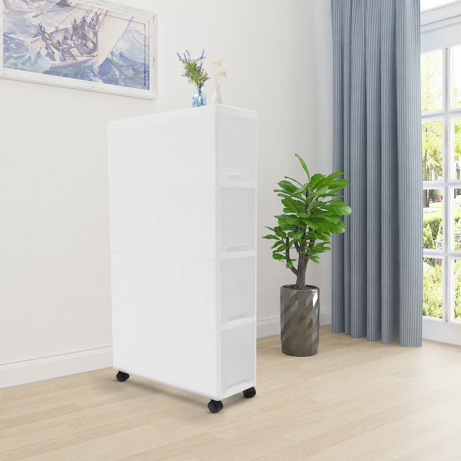 Chariot de Rangement à Roulettes Étroites, Blanc Moderne, 4 MELKitchen, Armoire d'Angle, Étagère à Roulettes en Plastique avec Roue