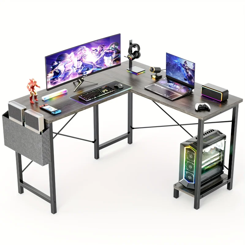 

50InchLComputer Desk - Gaming Table Corner TablePCDesk Study Table，With Wooden DesktopCPUBracket Side Pocket，Reversible