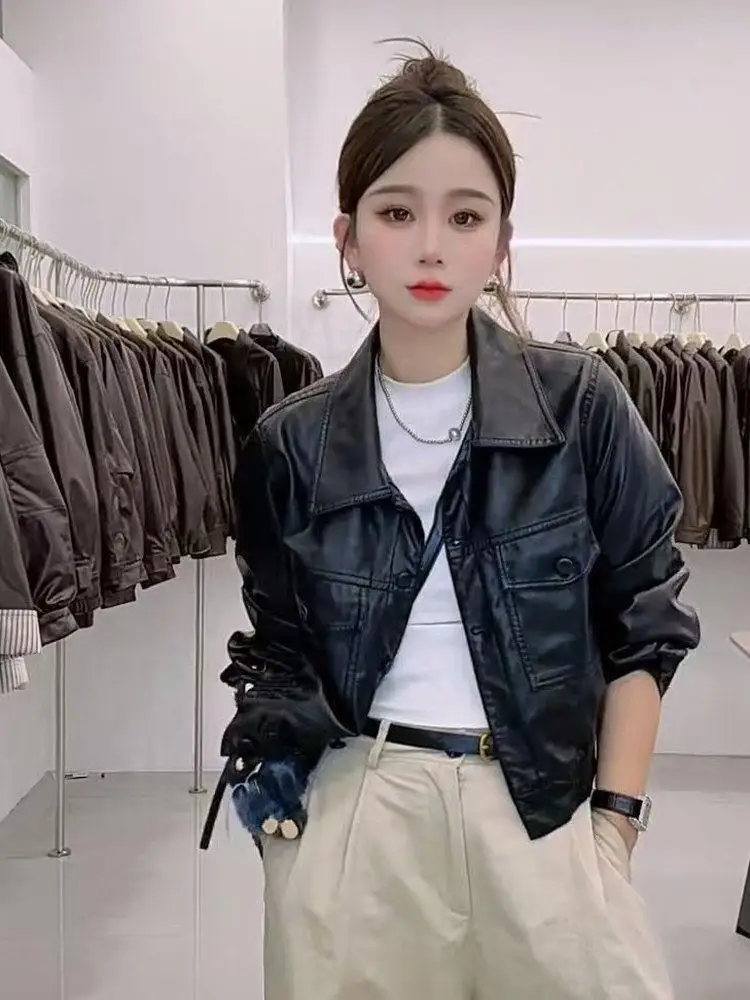 Spring Summer Crop Jacket Women Leather Coat Streetwear Bomber Jacket PU Coats Pockets Single-Breasted Top Long-sleeved Jackes