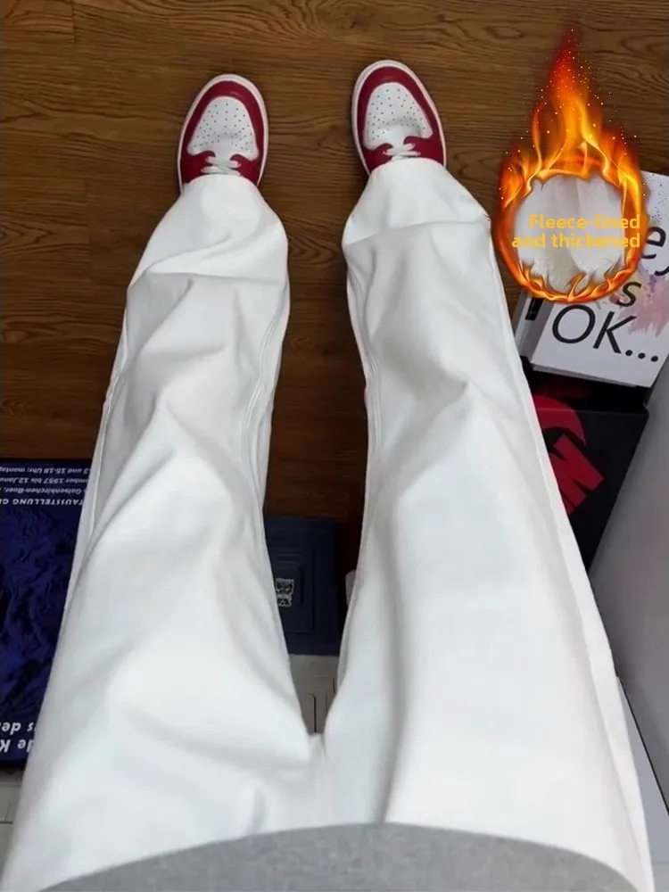 

Белые джинсы прямого кроя на флисовой подкладке для мужчин, зимние, в американском стиле, свободные, облегающие, Cleanfit