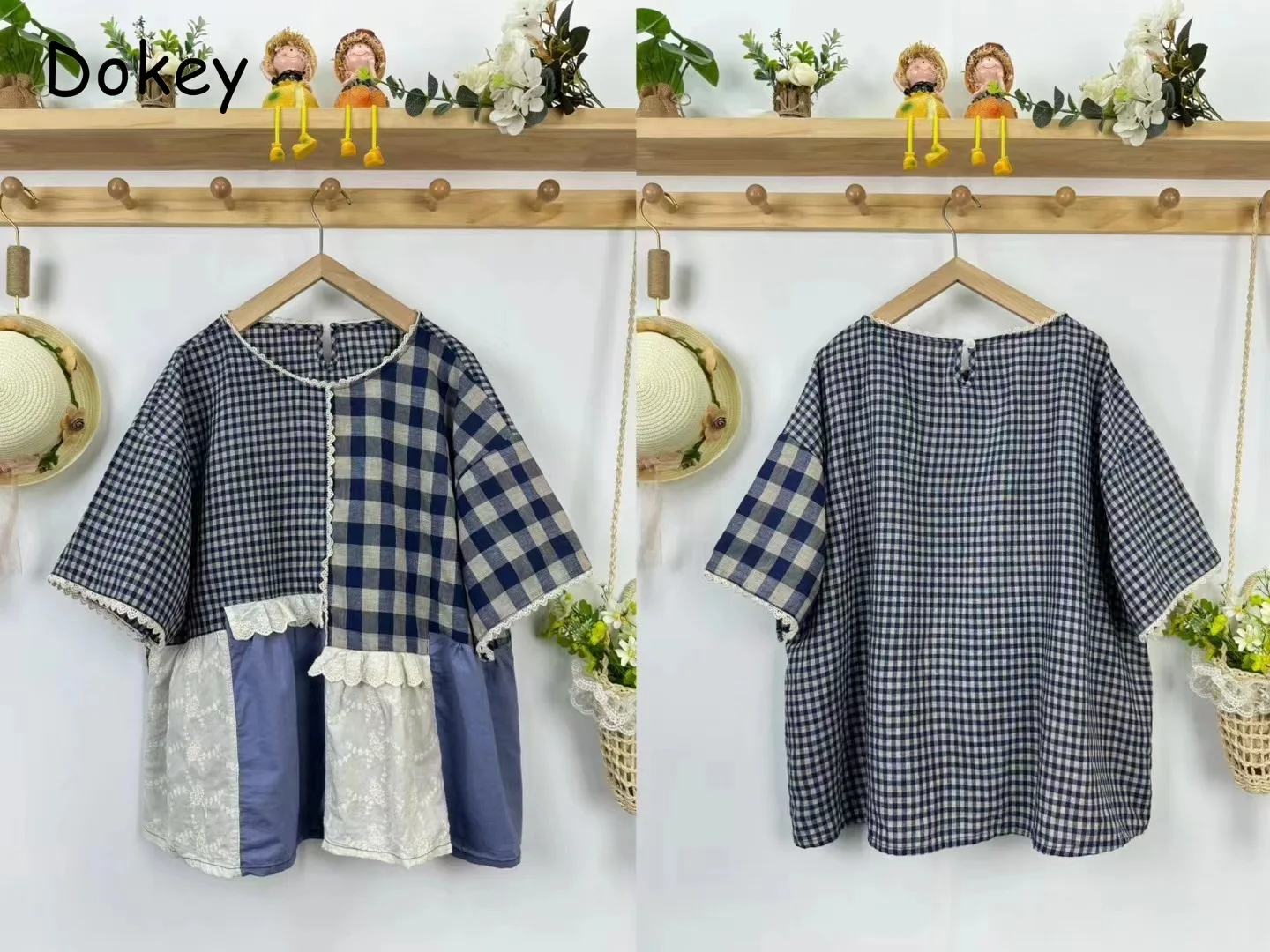 Vintage Lace Patchwork Plaid Shirt Women New Japanese Kawaii Short Sleeve Loose Cotton Linen Blouse Female Mori Girl Lolita Tops