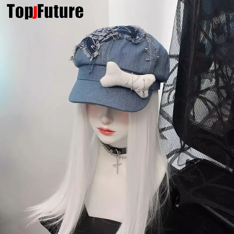 Wholesale Custom Make Customized Women Harajuku Gothic Lolita Beret hat Cap Y2K Girl Punk Denim Buckles Bone decorative Sun hats