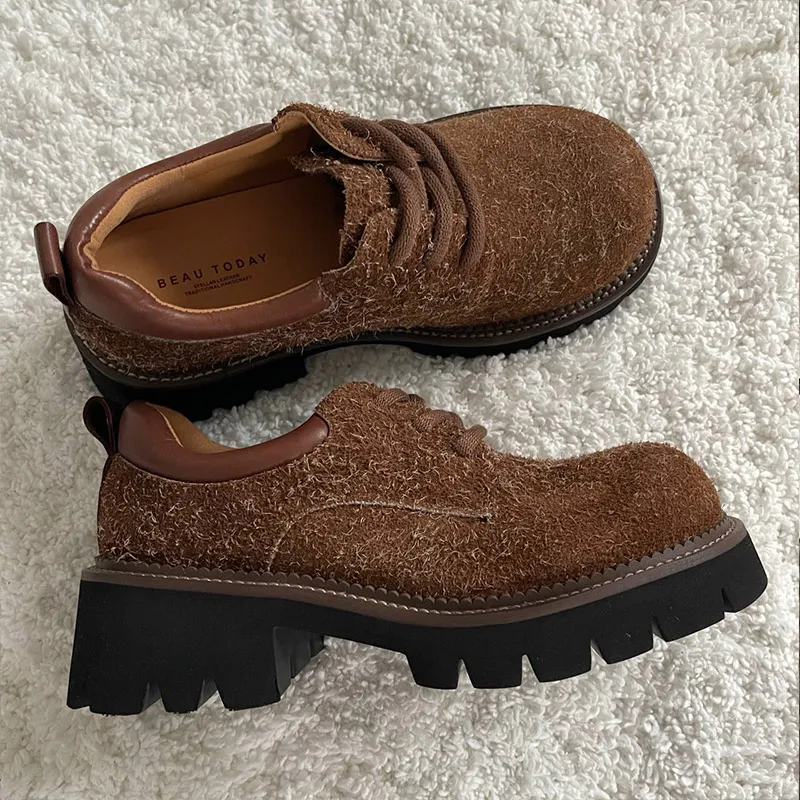 BEAUTODAY Derby Shoes Women Split Leather Lace-up Suede Big Toes Thick Sole Sewing Ladies Vintage Cowboy Shoes Handmade 21996