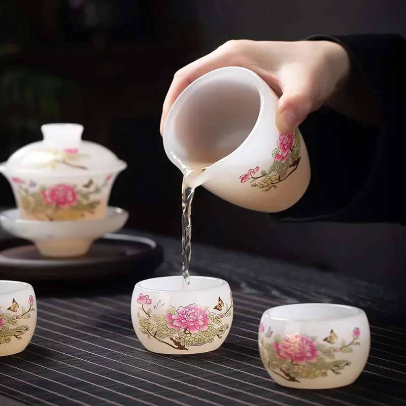 Elegant Ice Glazed Ceramic Tea Set with Lid Bowl and Cups Light Luxury Kung Fu Style Gift Box for Home Use Souvenir Present