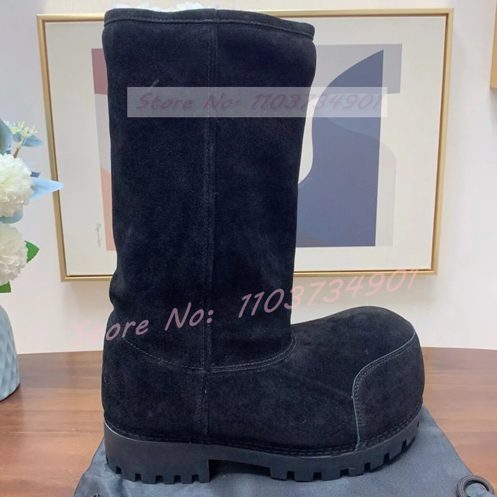 Big Round Toe Warm Snow Boots Women Furry Fur Thick Sole Increase Height Knee High Boots Ladies Slip-On Fashion Nifty Chic Shoes