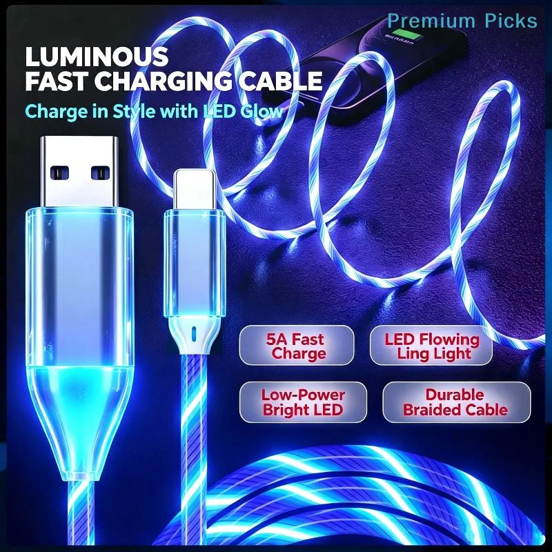 portableColor Changing LED Flowing Light Charging Cable USB Fast Charge Luminous Effect for Car Interior Gift for Drivers