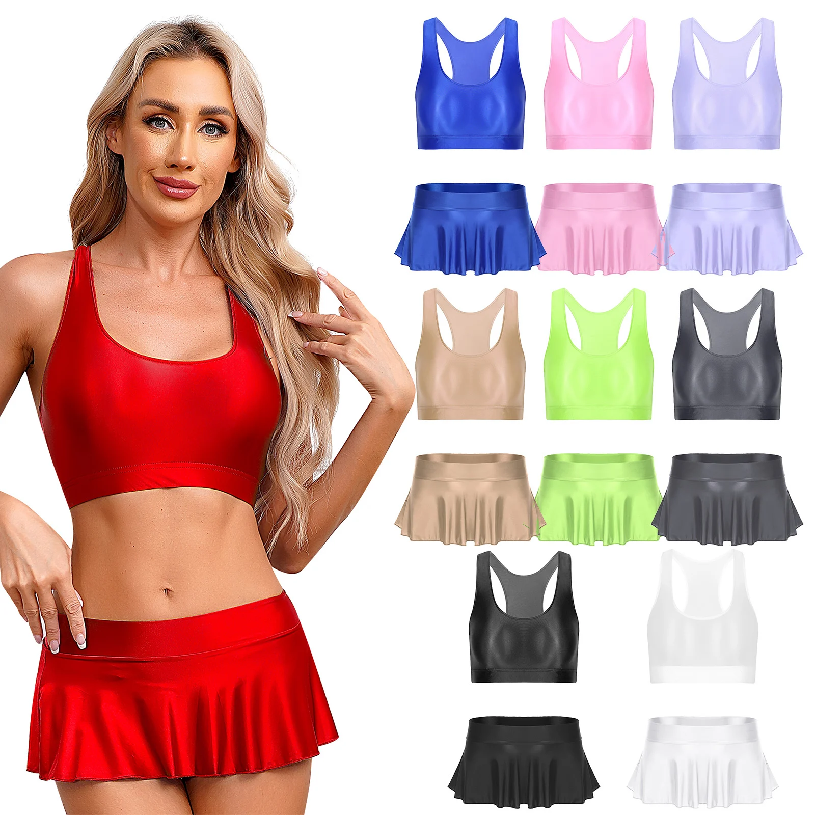 Pole Dance Outfits Women\'s Glossy U Neck Crop Tops Beach Party Club Sleeveless Bra Ruffled Miniskirt Set for Sport Fitness Yoga