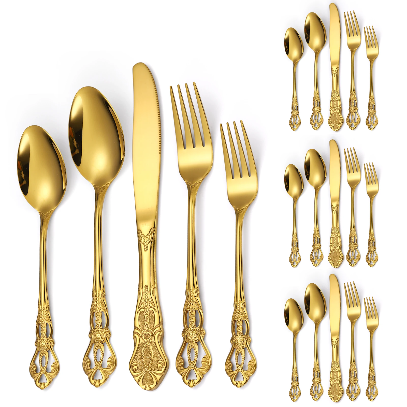 

A · HOUSEWARE Retro Silverware Gold Set for 4 Stainless Steel Flatware Royal 20 Piece Cutlery Sets Vintage Knives Spoons Forks