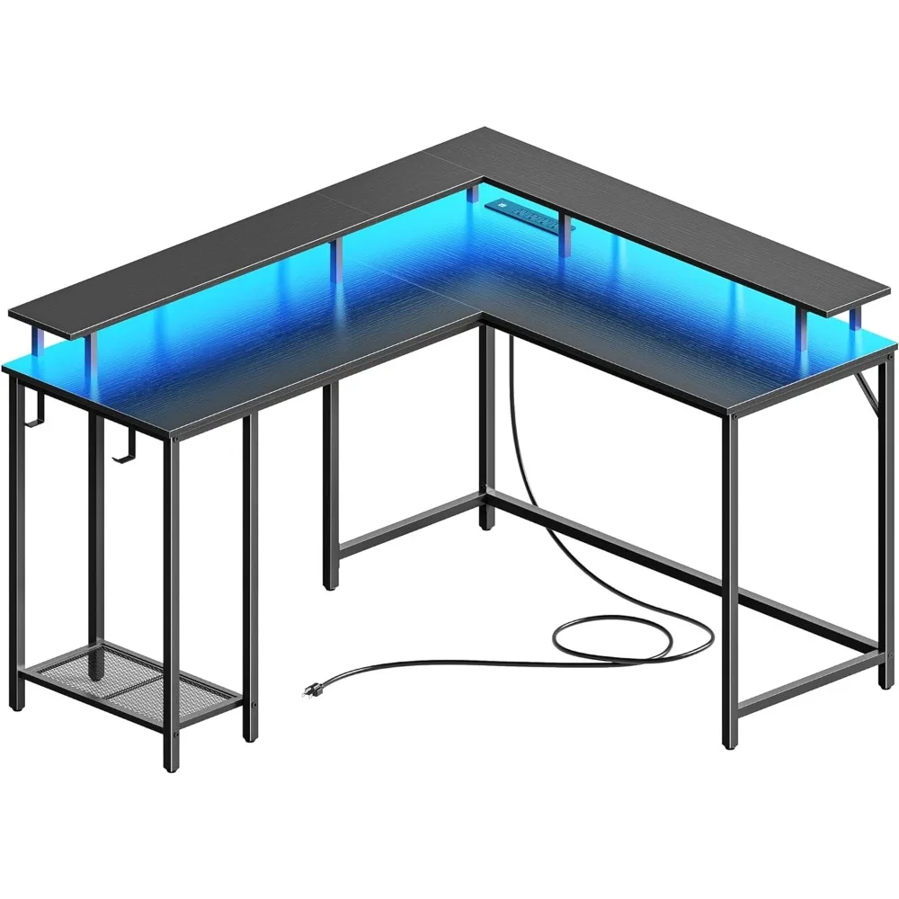 Escritorio para juegos en forma de L con tomas de corriente y luces LED, escritorio para computadora con soporte para Monitor y estante de almacenamiento