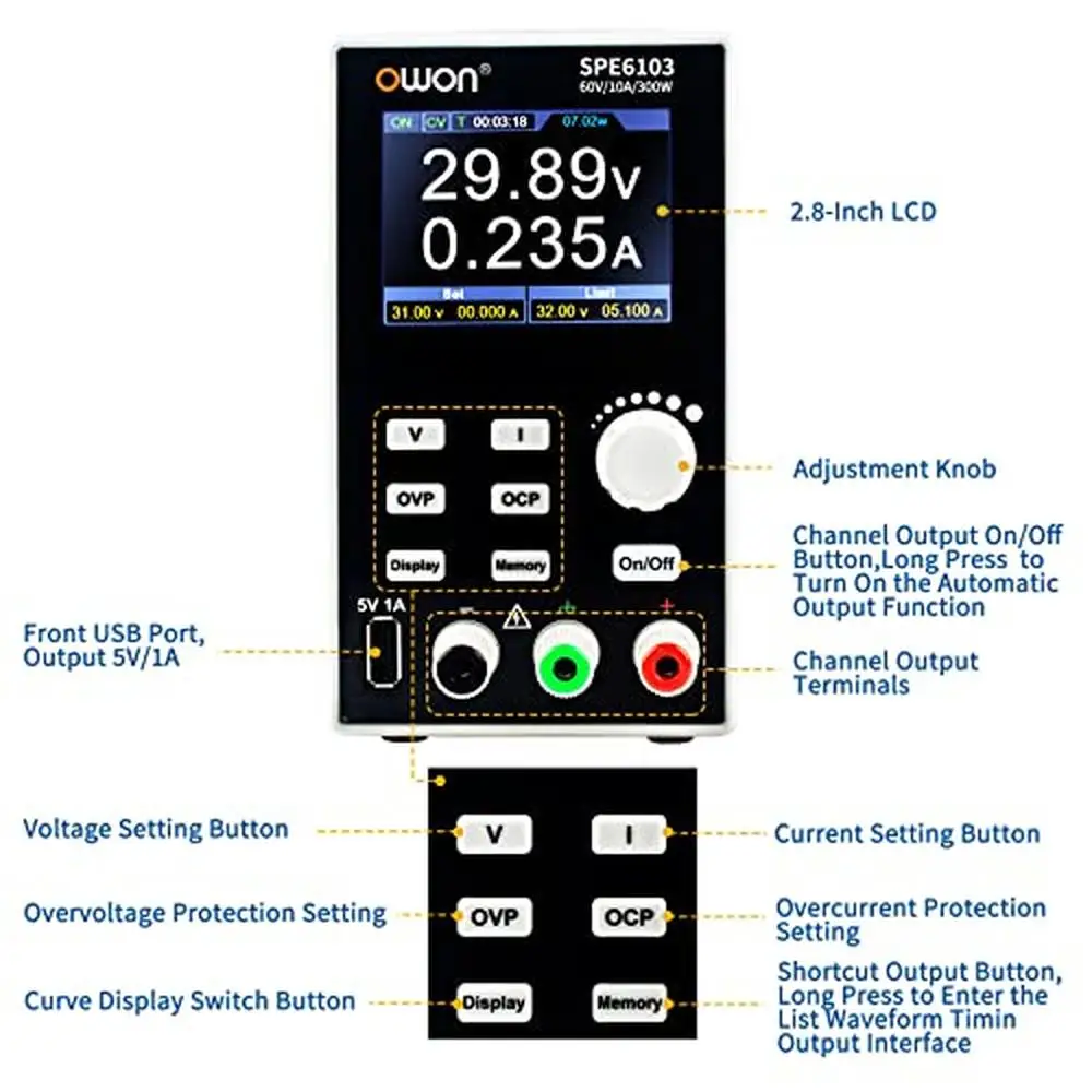 Banco ajustável DC Power Supply, programável com display LCD, porta USB, 0-60V, 0-10A