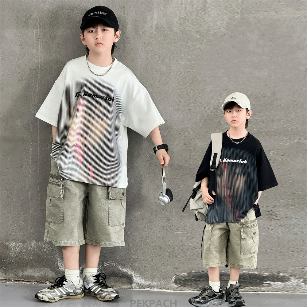 Korean Children Fashion Summer Clothes for Boy Streetwear Outfit Suit T-shirt Shorts Clothing Set Kids Street Top And Bottom Set
