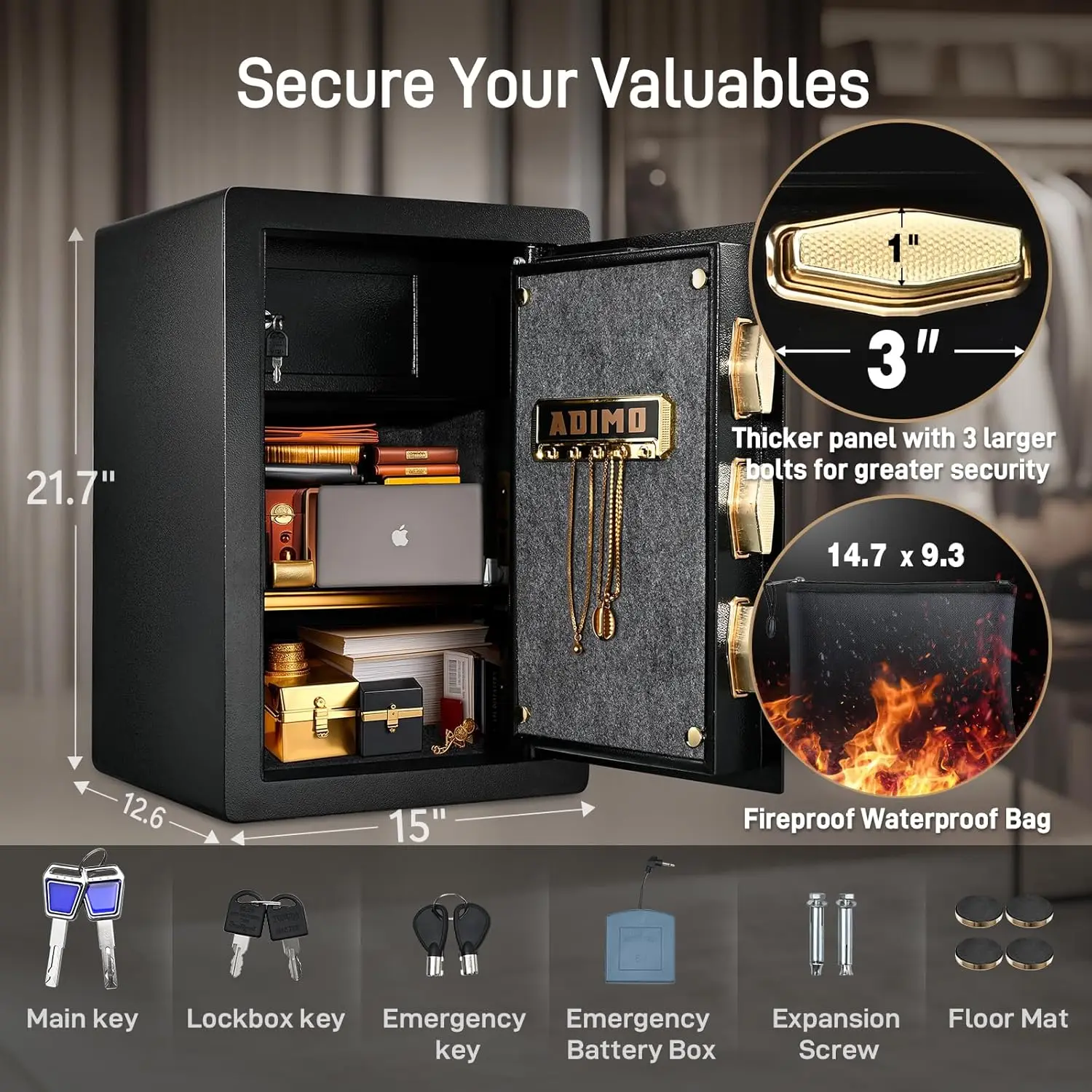 Safe with Interior Drawer, 2.8 Cuft Heavy-Duty Steel Safe Box w/LCD Digital Screen, Diamond Reinforced Lock, Dual Alarm System w