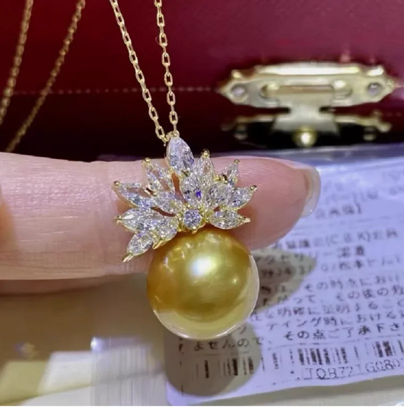 

Fashion Jewelry18" Gorgeous AAAAA 11-12mm Round south sea Golden pearl pendant necklace 925s..