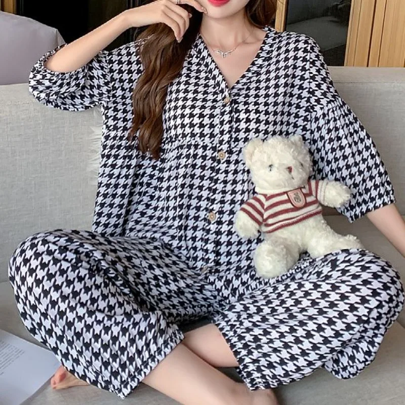 Cotton Sleepwear Big Size Cardigan Seven-minute Pants Two-piece Print Loungewear Pajama Sets Summer Nightwear Korean Fashion