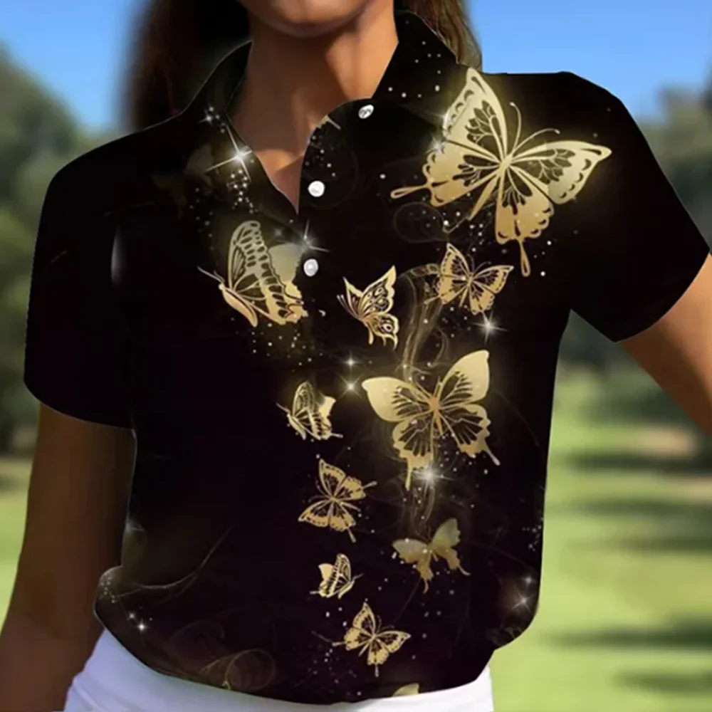 Polo de Golf para mujer, camiseta de manga corta con estampado de mariposa, camisa deportiva transpirable de secado rápido a la moda, verano 2024