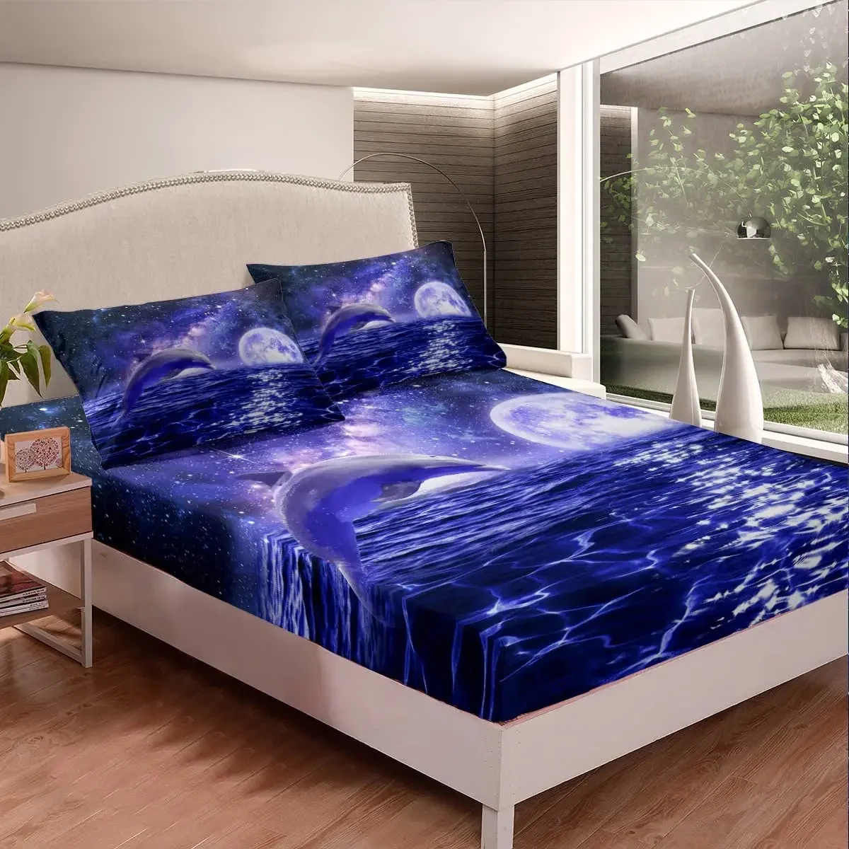 Ocean Dolphin Fitted Sheet Twin Galaxy Coastal Bedding Set for Kid Teen Girls Boys Star and Moon Bed Sheet Sea Animal Starry Sky