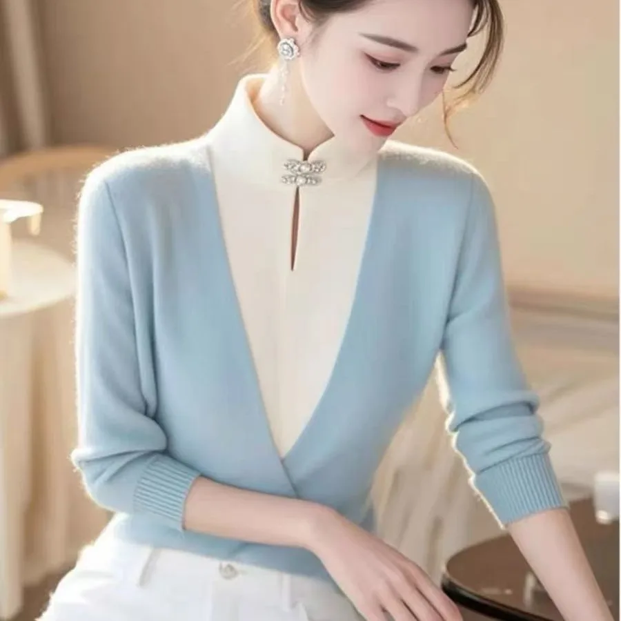 

Синий новый китайский базовый слой, женский вязаный свитер, зимняя внутренняя одежда, облегающий крой, V-Ne, обычный, тонкий