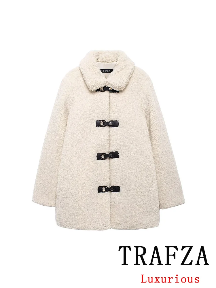 TRAFZA Vintage Casual Chic Women Coat Solid Turn-down Collar Single Breasted Long Sleeve Thick Jackets Fashion 2024 Winter Coat