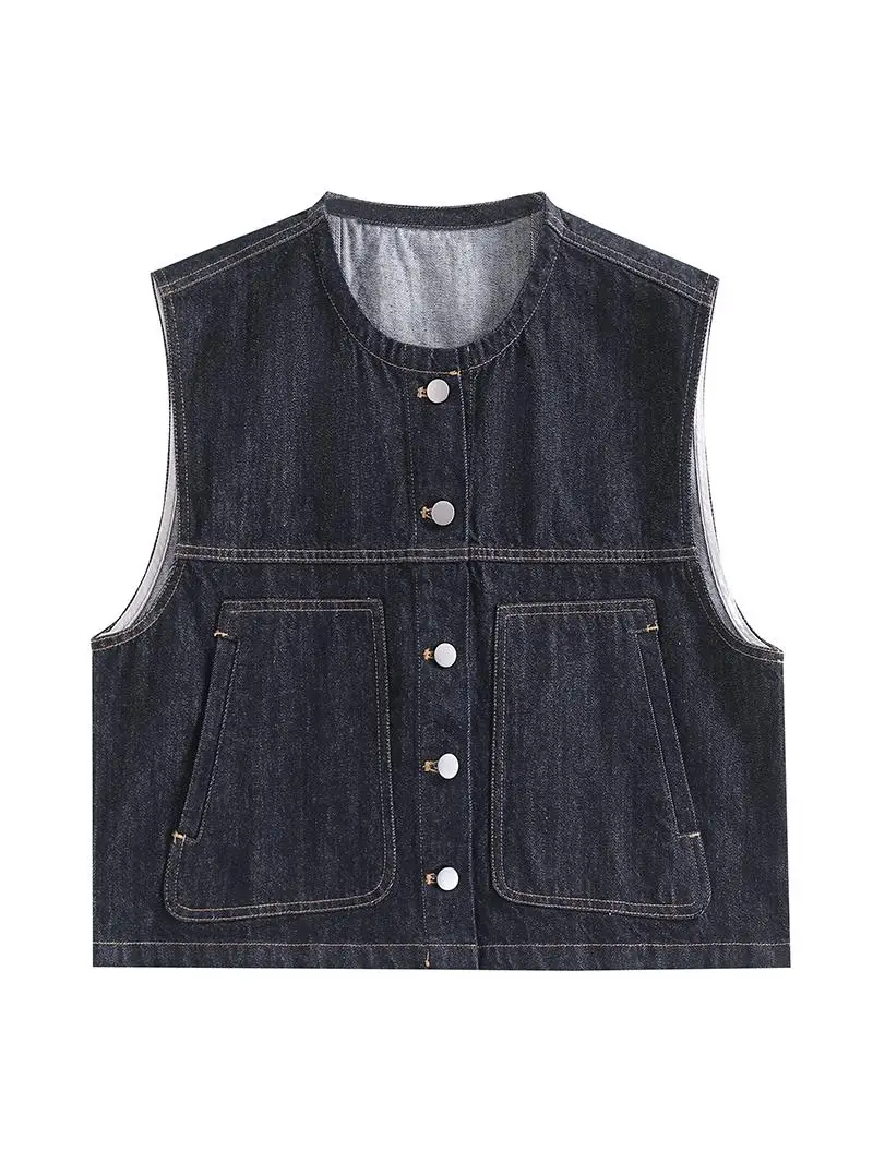 Deep Blue Denim Vest Women's ort Jaet Outerwear Autumn Season Button Splice ket Design round Ne No Sve